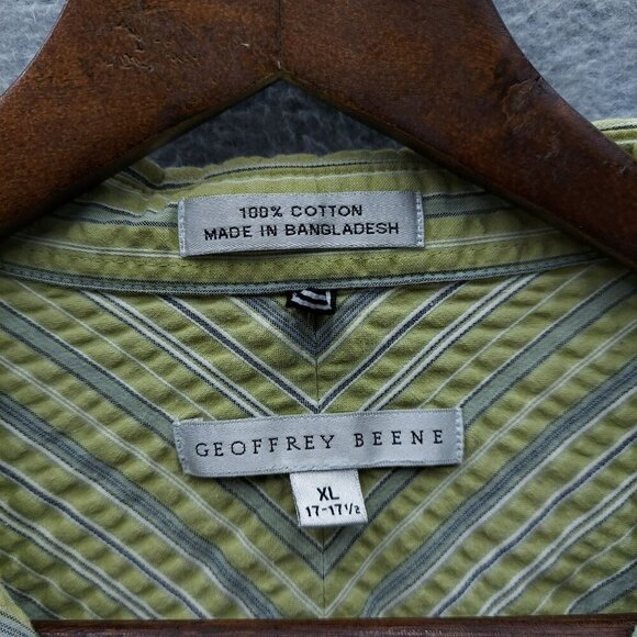 Geoffrey Beene XL Mens Short Sleeve Button-Up Shirt Green Striped 100% Cotton Ca - Picture 2 of 3